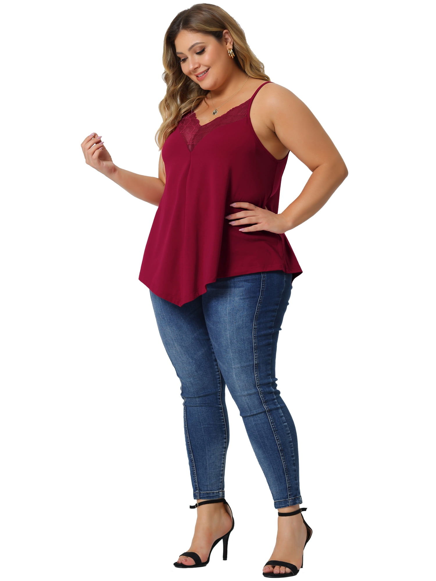 DARING DIVA Women's Plus V-Neck Cami Tank Lace Front Sleeveless Tops 1X Burgundy
