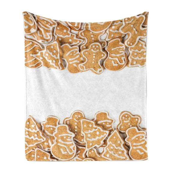 Cookie Soft Flannel Fleece Throw Blanket, Different Forms of Cuts with Icing Outlines Crunchy Aromatic Snacks, Cozy Plush for Indoor and Outdoor Use, 50" x 60", Sand Brown White, by Ambesonne