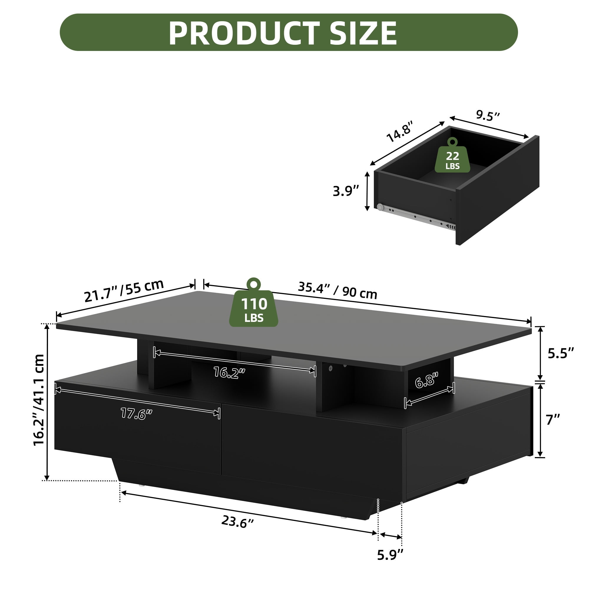 Uforic Modern LED Coffee Table, Center Tables with Storage for Living Room, Black