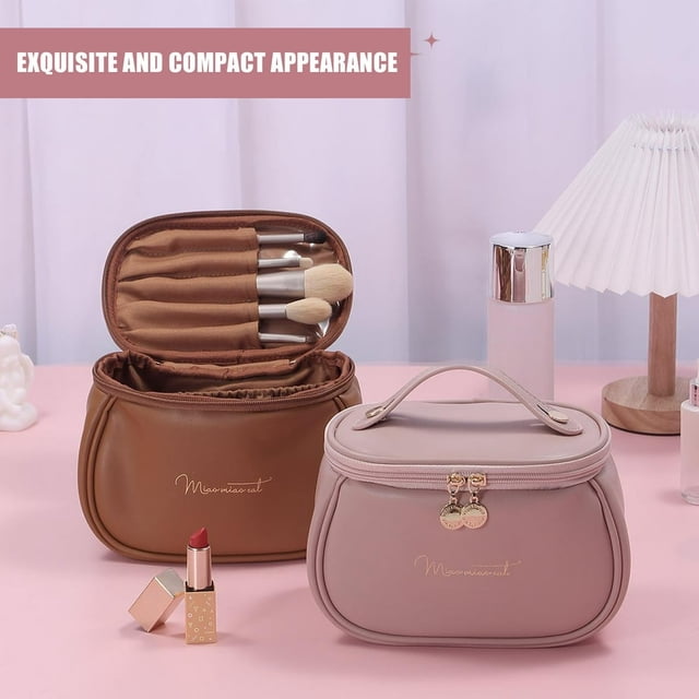POINTERTECK Faux Leather Cosmetic Bag Portable Handle Golden Letter Large Capacity Waterproof Zipper Multifunctional Travel Toiletry Makeup Pouch Travelling Use White One Size