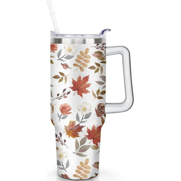 Fall Cup 40 Oz Tumbler with Handle and Straw Lid, Autumn Leaf Tumbler Insulated Autumn Mugs Keeps Drinks Cold & Hot, Stainless Steel Fall Coffee Mug Fall Themed Thanksgiving Gifts For Women