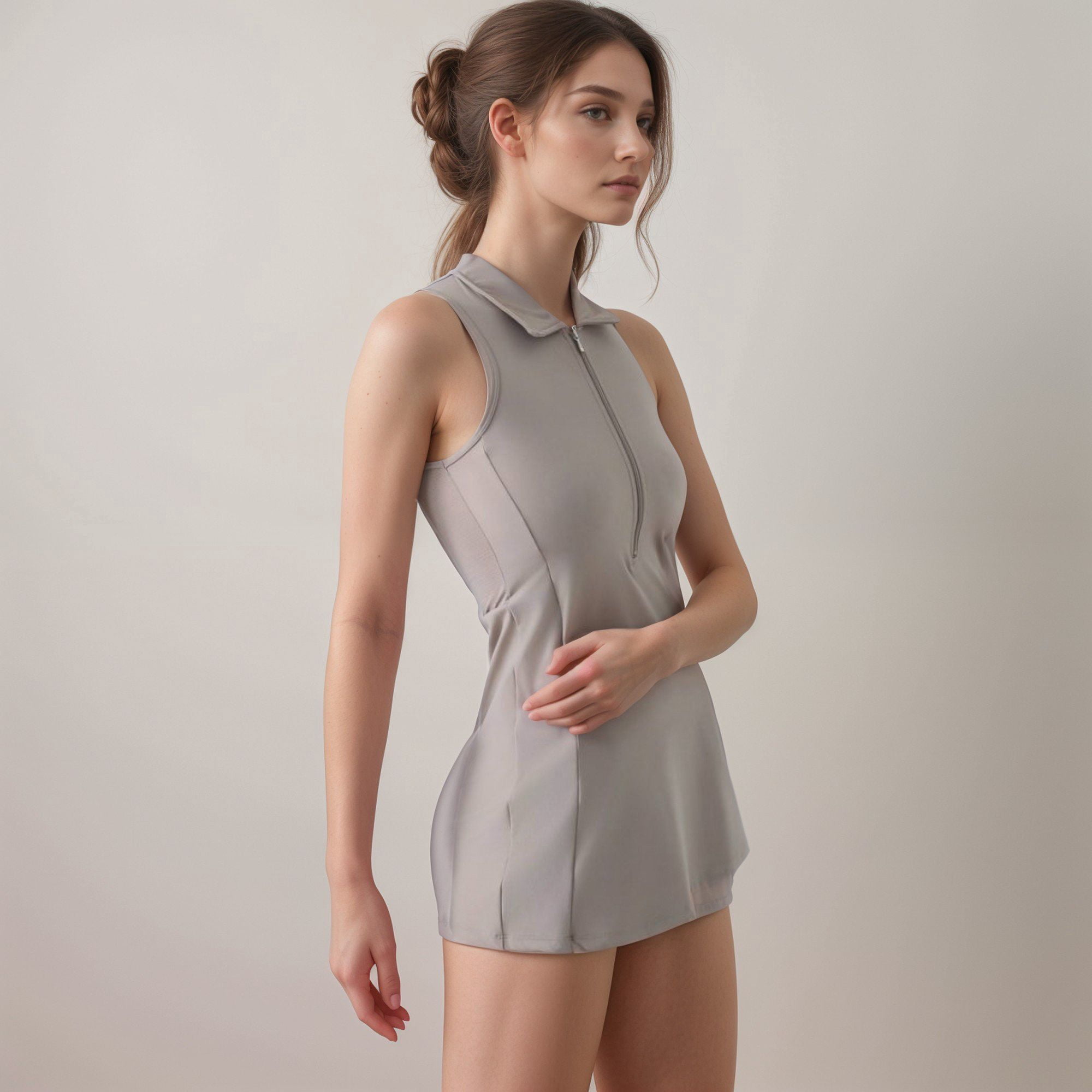 Active Women's Sleeveless Collared Sports Dress with Zip Front and Fitted Performance Design - Medium, Beige