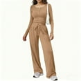 thumbnail image 3 of Bloomae Women's 2 Piece Matching Lounge Sets Fall Fashion Outfits Henley Neck Baisc Athletic Shirts Top Loose Comfy Drawstring Wide Leg Pants Sweat Suits Khaki S, 3 of 9