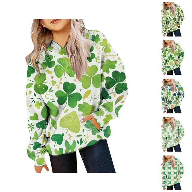 Chandail à Capuche pour Enfants Manches Longues Trèfle Graphique avec Poches pour Garçons Filles Chandail