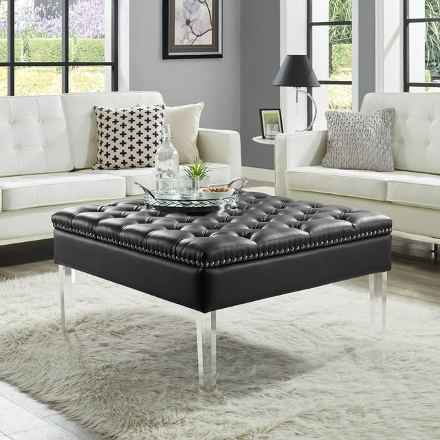 Inspired Home Stella Faux Leather Ottoman Cocktail Coffee Table Square Tufted, Black