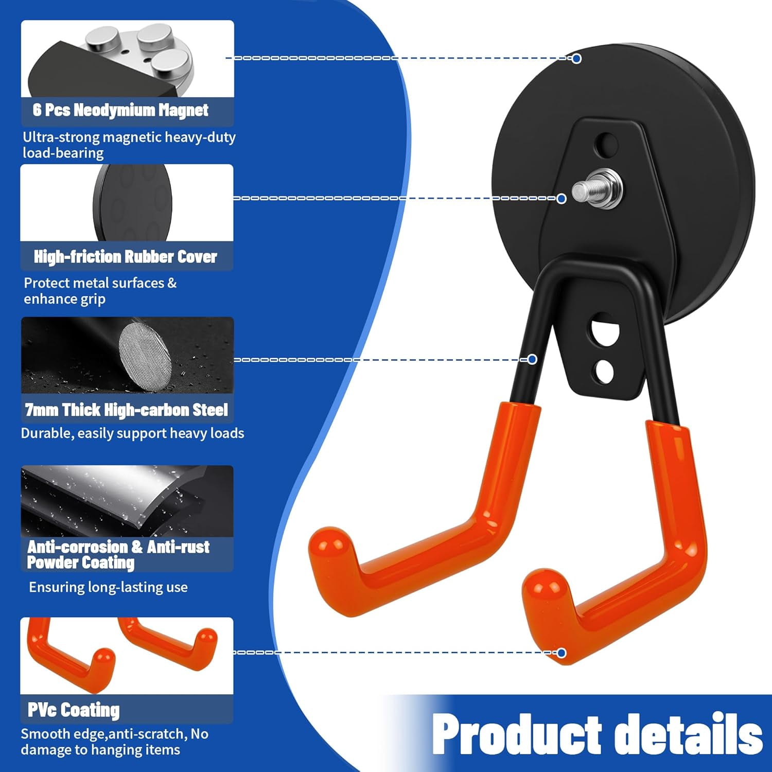 JJEAN-Heavy Duty Garage Magnetic Hooks 4 Pack - Neodymium Magnet Hooks with Anti-Slip Rubber Coating for Wall Metal, Workshop Tools, Broom Holder, No Drill Storage for Wall Metal, Workshop
