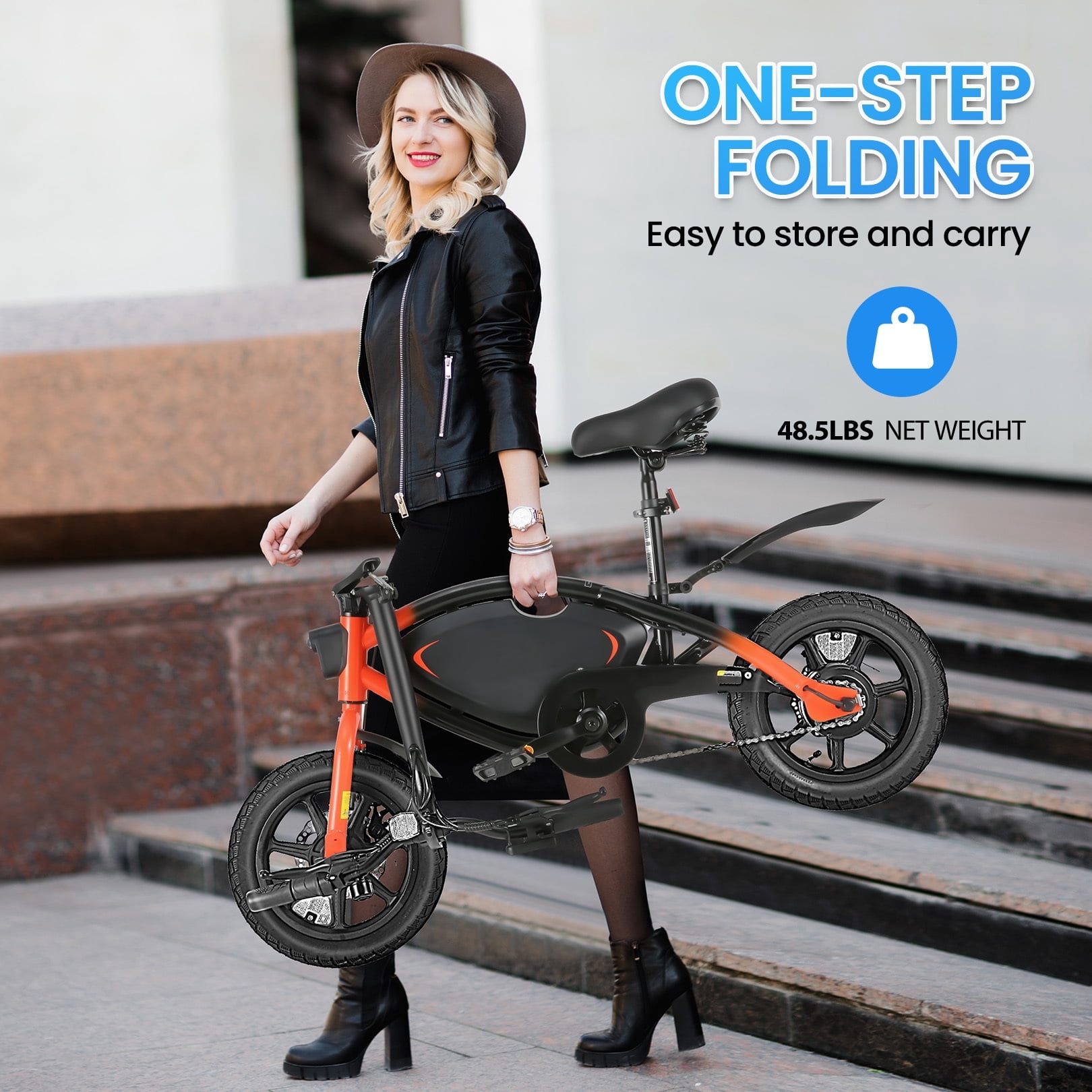 Elifine Peak 500W Electric Bike for Adults, 14" Foldable Electric Bicycles, 48V 7.8Ah City Commuter Cruiser Ebikes, Max 20mph, One-Piece Tire for Adults Women Teens UL2849