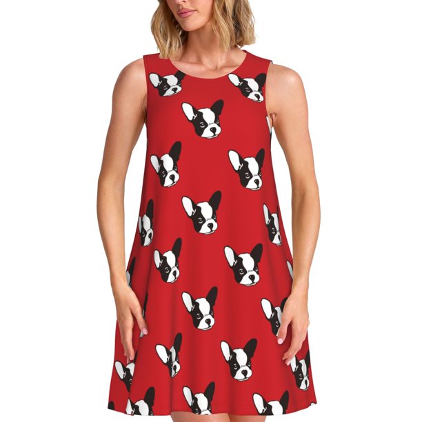Balery Bulldog Red Vestidos de verano para mujer con estampado: vestido holgado sin mangas, vestido playero informal y cómodo para días calurosos.