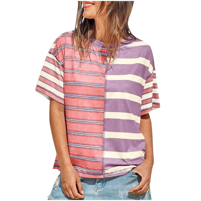 Hauts Décontractés à Manches Courtes à Rayures Colorblock pour Femmes, Col Rond, T-Shirts Courts