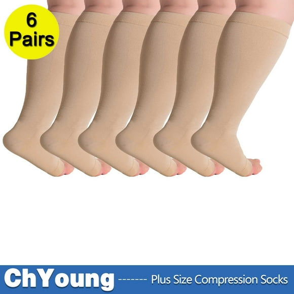 6Pack S Toeless Compression Socks Unisex Extra Wide Calf Open Toe Support Circulation 20-30 mmHg Knee High for Fatigue Pain Leg Swelling Soothing Comfy Gradient Support Prevents Edema Beige