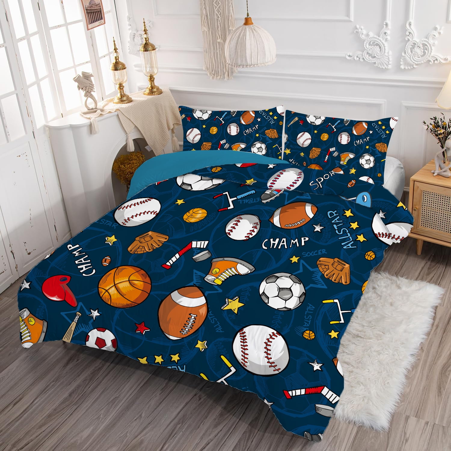 Queen Sports Comforter Set Navy Ball Bedding Sets for Boys Girls Kids Teen 3D Soccer Basketball Baseball Football Design 5Pcs Bed in A Bag