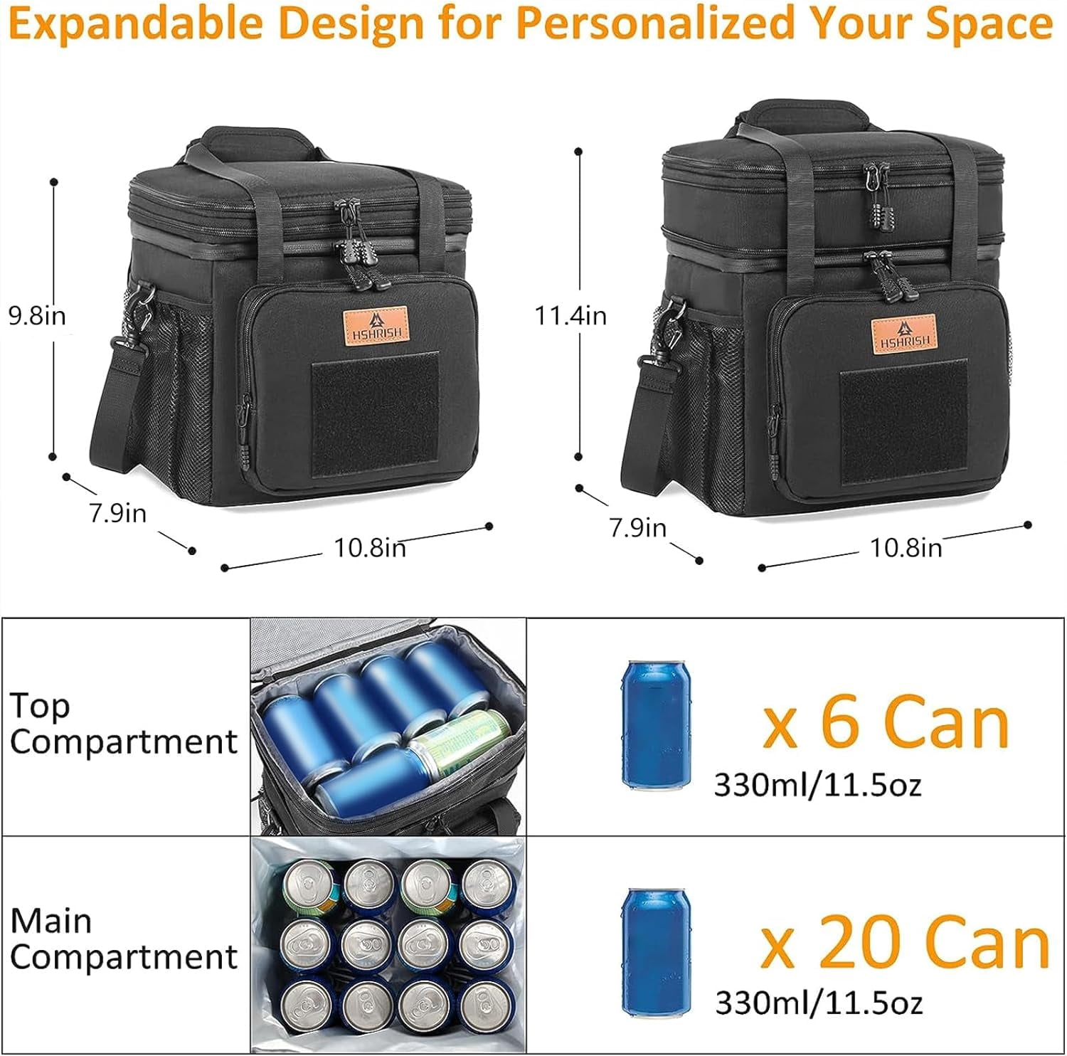 HSHRISH Expandable Large Tactical Lunch Box for Adults, Durable Insulated Lunch Bag with Shoulder Strap, Soft Cooler Bag for Men Work Outdoor Picnic Trips, 20 Can/16 L, Black