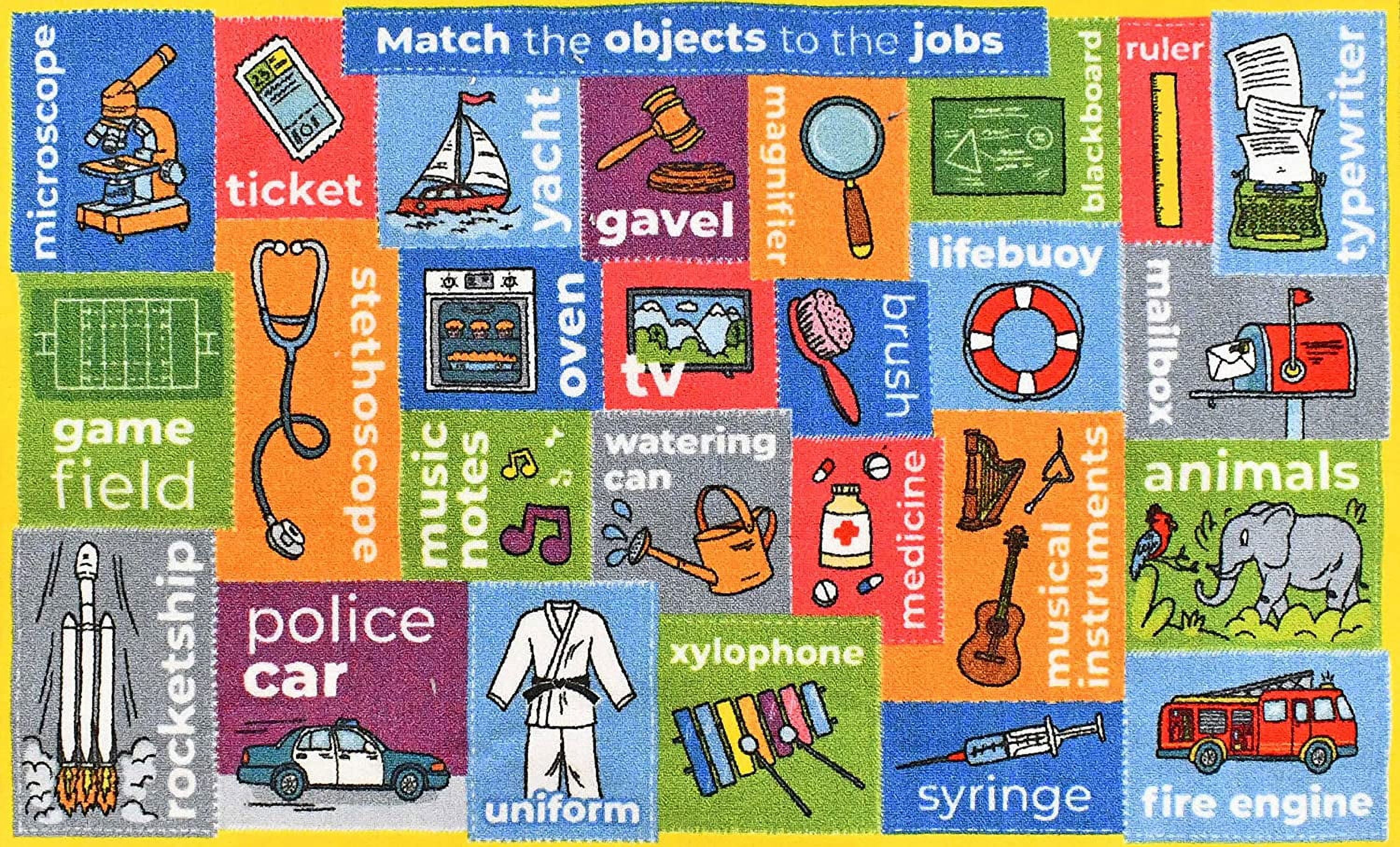 KC Cubs | Looney Tunes ABC Alphabet, Jobs & Objects Matching Educational Learning & Fun Game Area Non Slip Rug Carpet for Kids and Children Bedroom, Classroom and Playroom