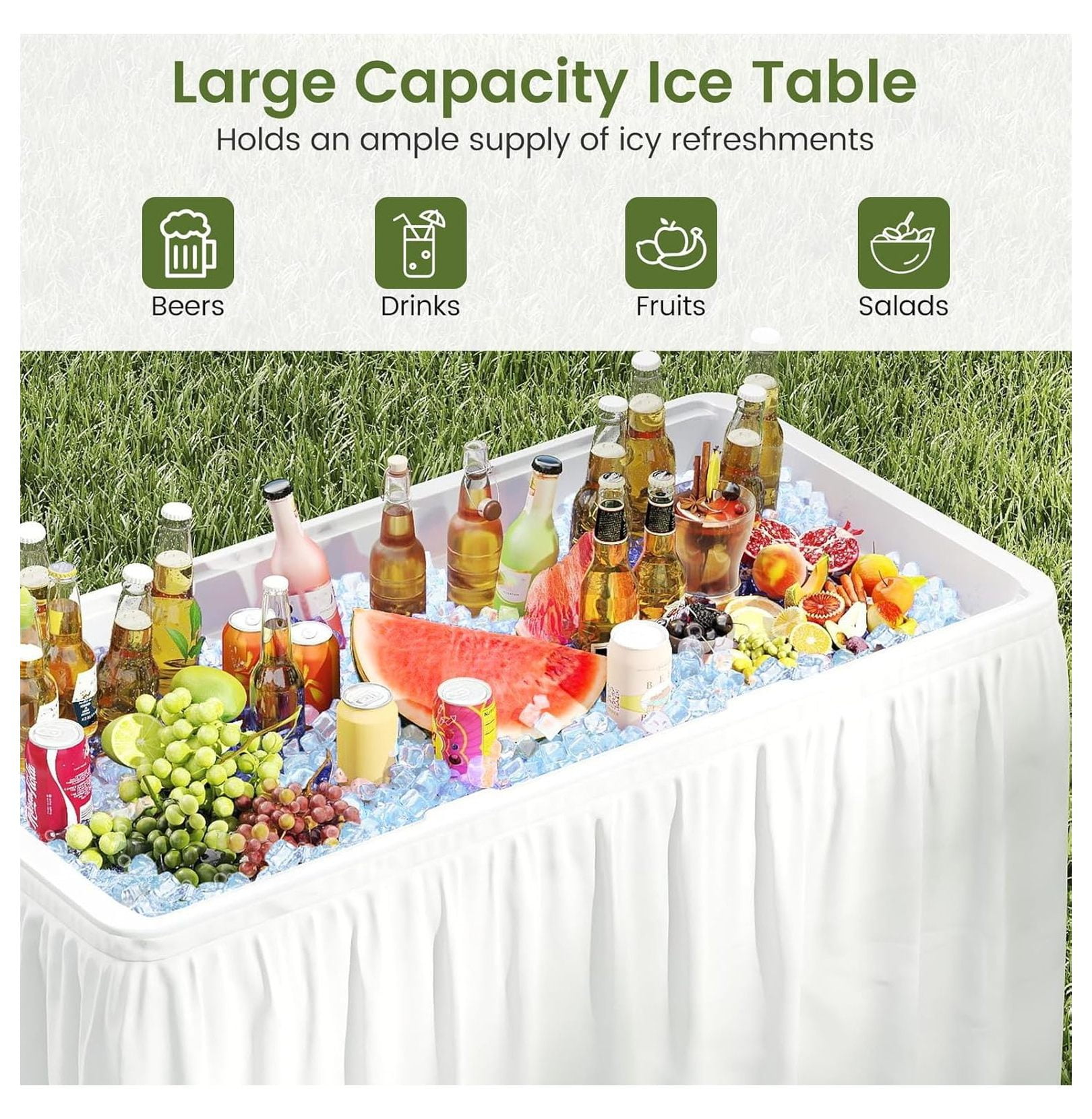 Folding Ice Cooler Table, 4 FT Portable Ice Table with Drain, Matching Skirt & Foldable Bucket, Buffet Beverage Server for Party, Picnic, Camping