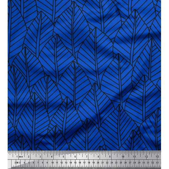 Soimoi Blue Heavy Satin Fabric Artistic Leaves Print Sewing Fabric Yard 54 Inch Wide