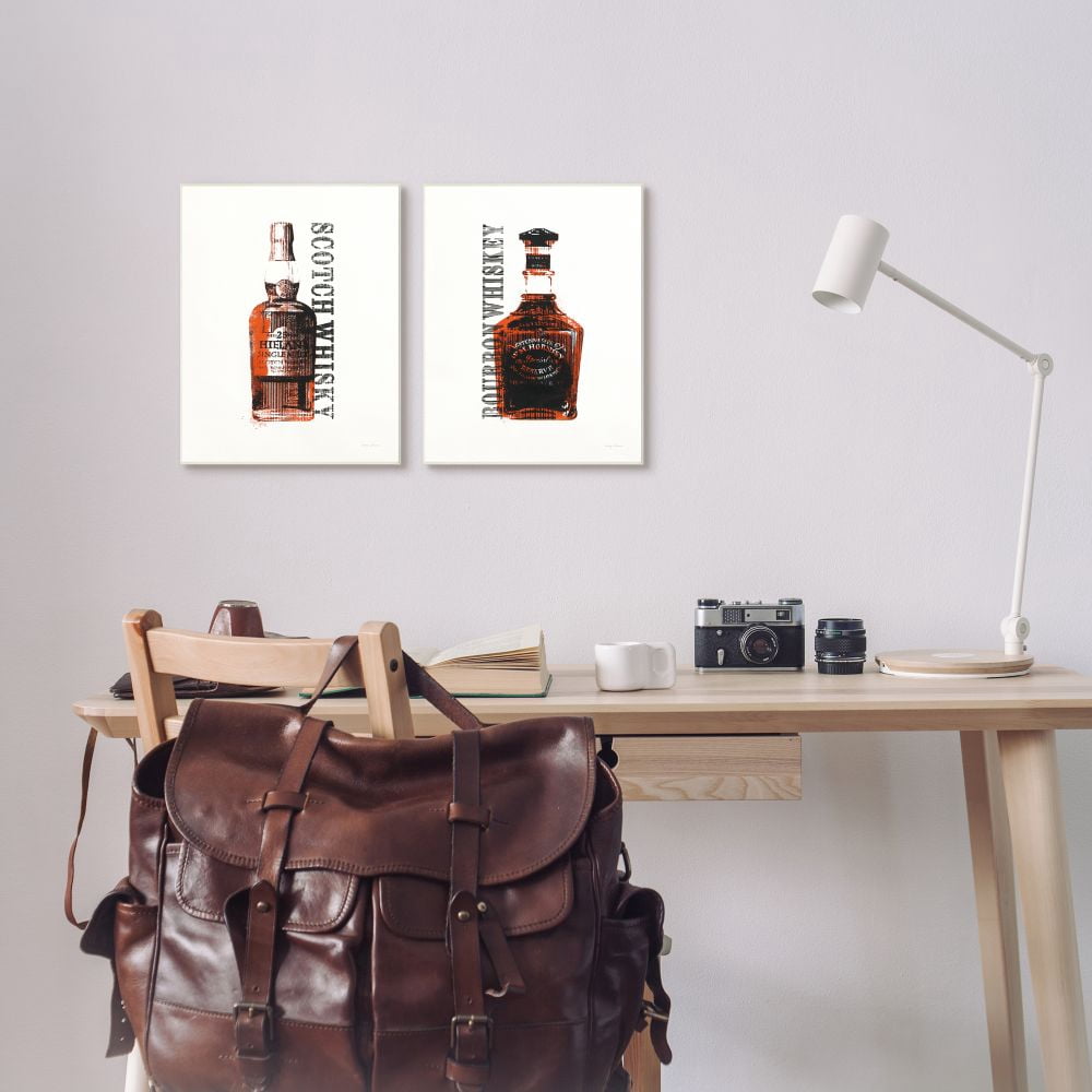 Stupell Industries Glass Whiskey Bottles Brown Black Alcohol Liquor Framed Wall Art Design by Avery Tillmon, 2 Piece, 11" x 14", Gray Framed