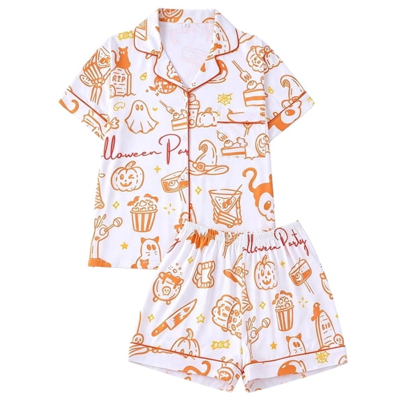 Ruiwill White Halloween Pajamas Shorts Set Women Fall Lapel Short Sleeve Graphic Print Button Down Shirt With Shorts Outfit Set Soft Halloween Women'S Sleepwear