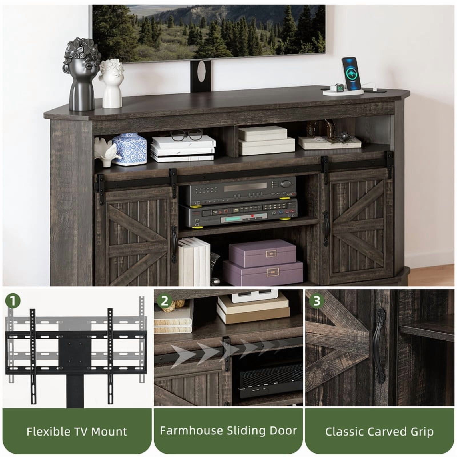 Uforic TV Stand for 70" TV with Mount, Farmhouse Entertainment Center with Power Outlets & Sliding Barn Doors, Dark Rustic Oak