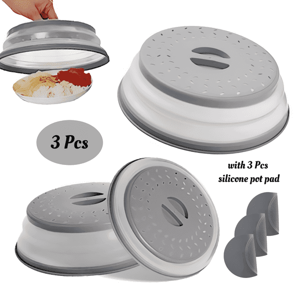 Sykixib 3-packs Collapsible Microwave Cover Set with Heat-Resistant Silicone Mats - Splatter Guard, Space Saving, Dishwasher Safe