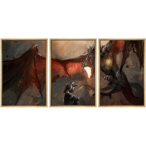 wall26 Framed Canvas Print Wall Art Set Knight Fighting Fire Breathing Dragon Fantasy & Sci-Fi Fairy Tale Digital Art Pop Art Decorative Landscape for Living Room, Bedroom, Office - 24"x36&q