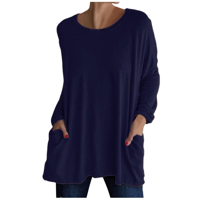 Simua Chandails et Tuniques Décontractés pour Femmes à Manches Longues, Col Rond, avec Poche, Chandail à Poche, Bleu Foncé, TG
