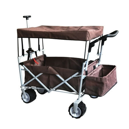 - BROWN OUTDOOR FOLDING WAGON CANOPY GARDEN STROLLER TRAVEL CART ALL TERRAIN WHEEL
