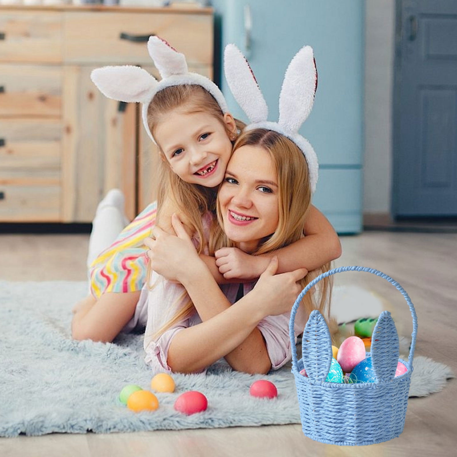 1 Packs Easter Bunny Basket with Long Ears Woven Storage Tote Bag for Easter Eggs Decorations Kids Gift Organizer Home Party Supplies Multicolor 26x20x16cm