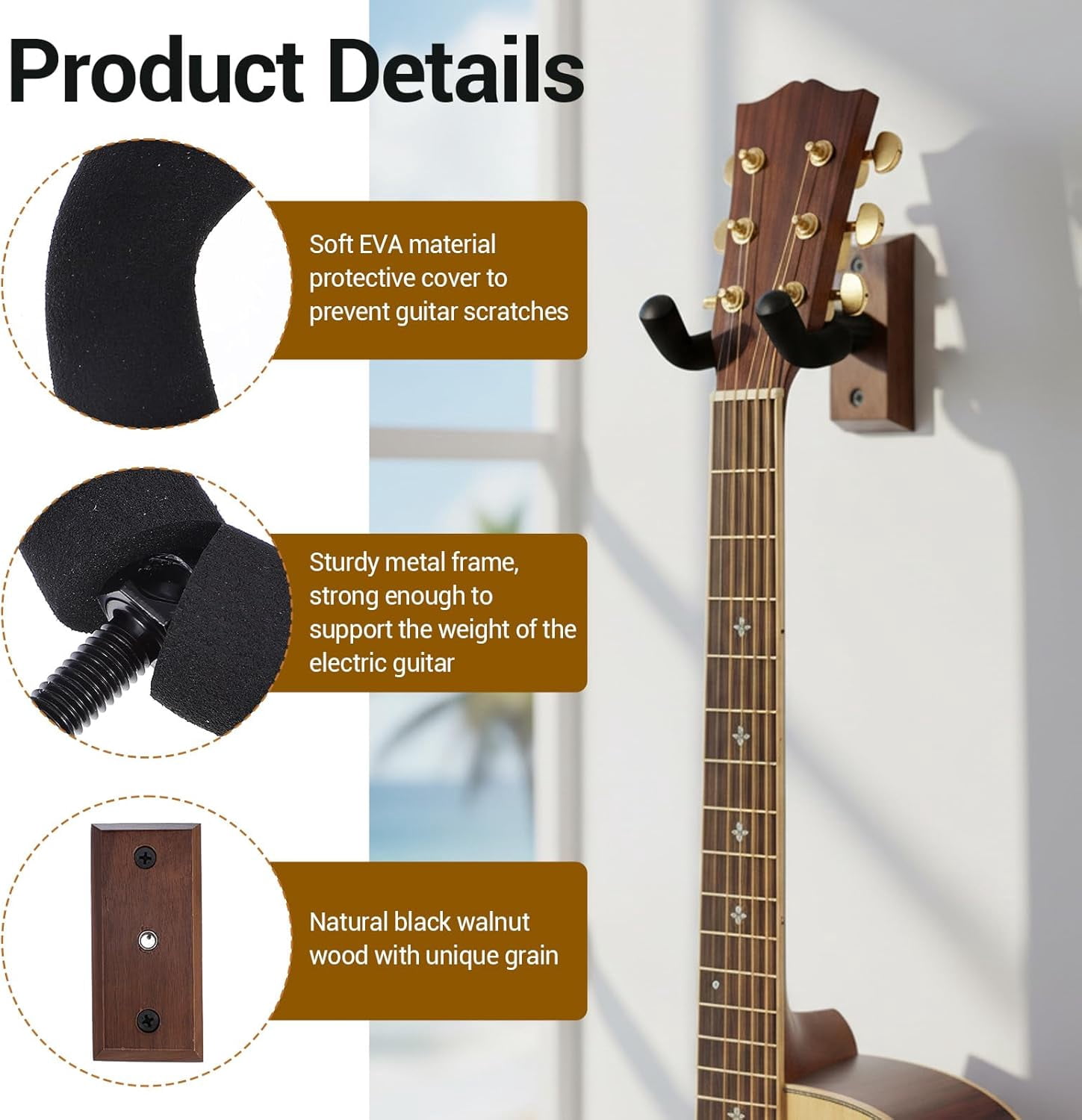 4 Pack Guitar Wall Mount, Black Walnut Wood Guitar Hanger U-Shaped Wall Hanger Mount with Rotatable Soft Guitars Hook for Acoustic Guitars Bass, Easy to Install, Gift for Guitarplayer