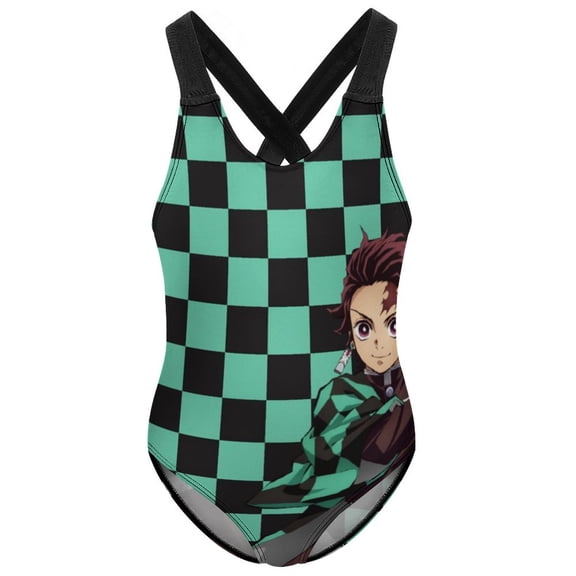 Demon Slayer Swimwear Kids' One-Piece Swimsuit Quick-Dry Cute Printed Girls' Swimwear Bathing Suit for Beach & Pool 6-7Y(110cm)