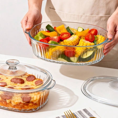 EASHZMFYTBF 1Pc 2.8L / 3Qt Oval Ribbed Lead-Free Glass Casserole with Lid, Clear Deep Covered Bakeware Safe for Oven and Microwave, Multipurpose Glass Food Storage & Cooking Dish