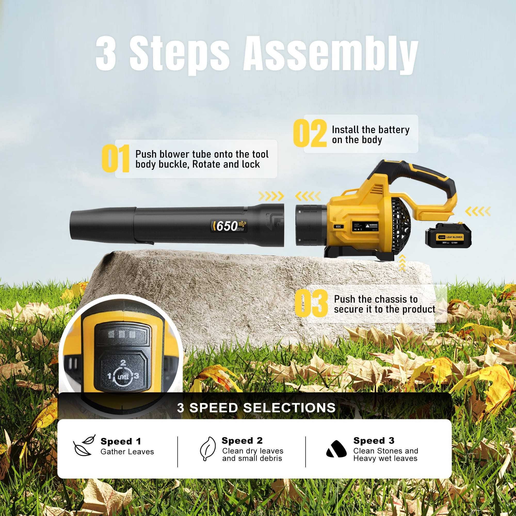 Cordless Leaf Blower with 2 x 5.0Ah Batteries, 650CFM 3-Speed Electric Leaf Blower for Lawn Care, Yard, Snow, and Debris