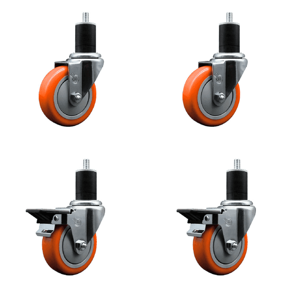 4 Inch Orange Poly Wheel Swivel 1-3/4 Inch Expanding Stem Caster Set 2 Brakes