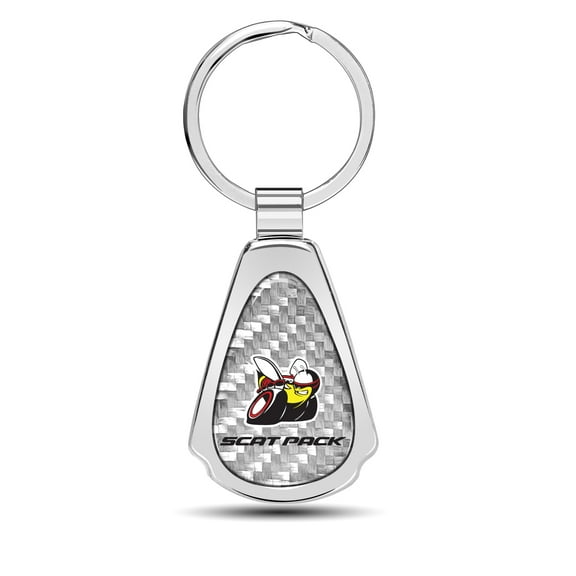 Dodge Scat-Pack Full Color Real Silver Dome Carbon Fiber Chrome Metal Teardrop Key Chain
