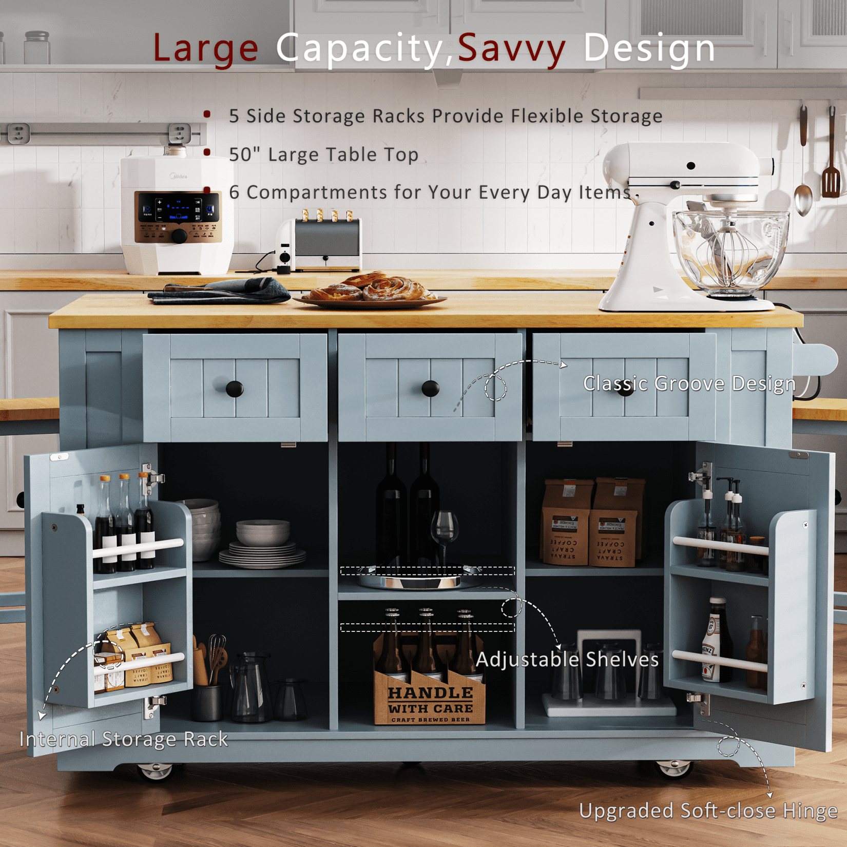 53" Kitchen Island On Wheels, Rolling Kitchen Island Cart with Drop Leaf & Power Outlet, Barn Door Kitchen Island Table with Storage Cabinet and Tower Rack for Kitchen, Dining Room, Grey