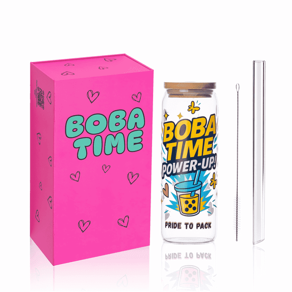 PridetoPack Boba Lab 24oz Glass Boba Cup with Bamboo Lid, Wide Straw & Cleaning Brush in Gift Box