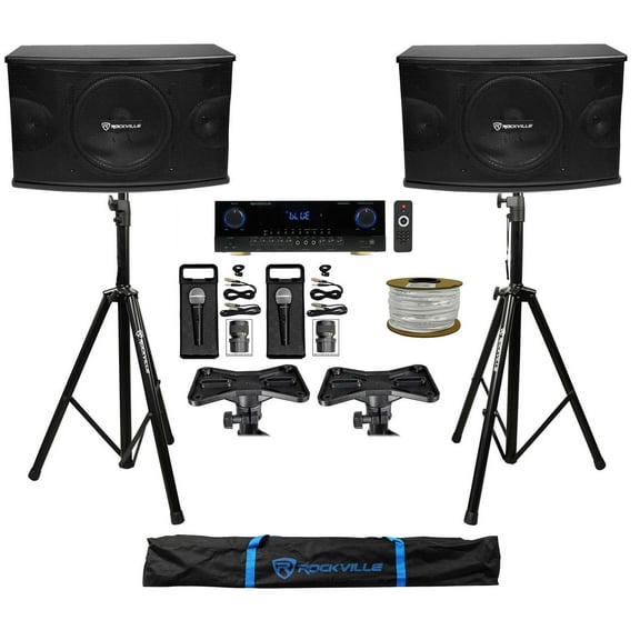 2) Rockville KPS10 10" Karaoke Vocal Speakers Bluetooth Amplifier Mixer 2) Mics