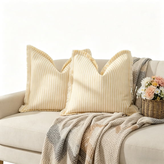 2 Pcs 24x24 Inch Striped Throw Pillow Covers, Yellow Fringe Cotton Square Cushion Cases for Sofa Bed Living Room Farmhouse Decor