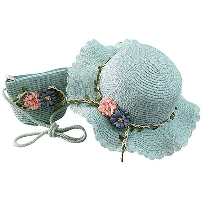 2-8 Years Old Girls Straw Hat Tourist Hat Sun Hat + Small Bag Set(Mint Green,M