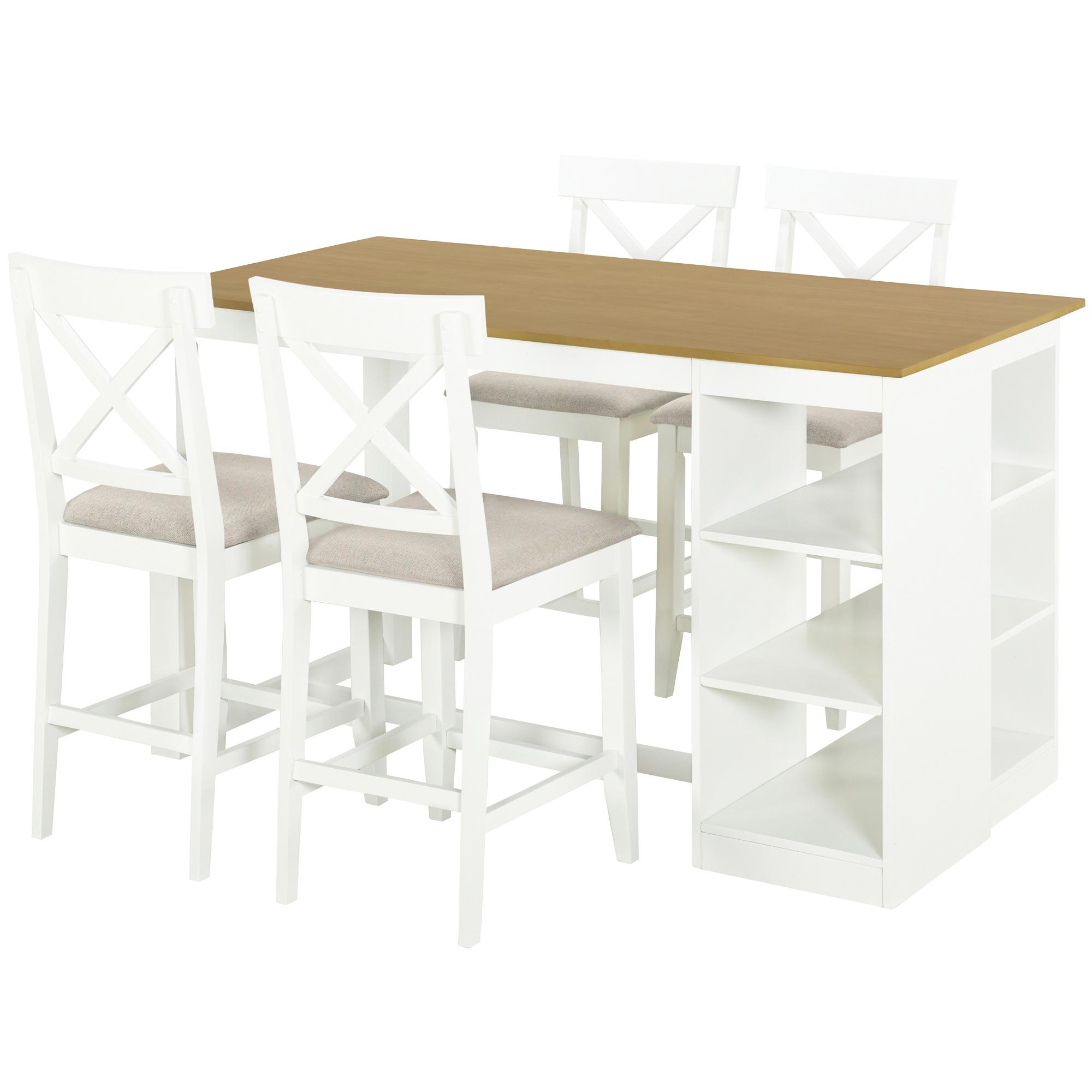 PORKISS 5 Piece Dining Table Set, Solid Wood Dining Table with 3-tier Storage Shelves, 4 Upholstered Chairs for Dining Room Kitchen Apartment, White