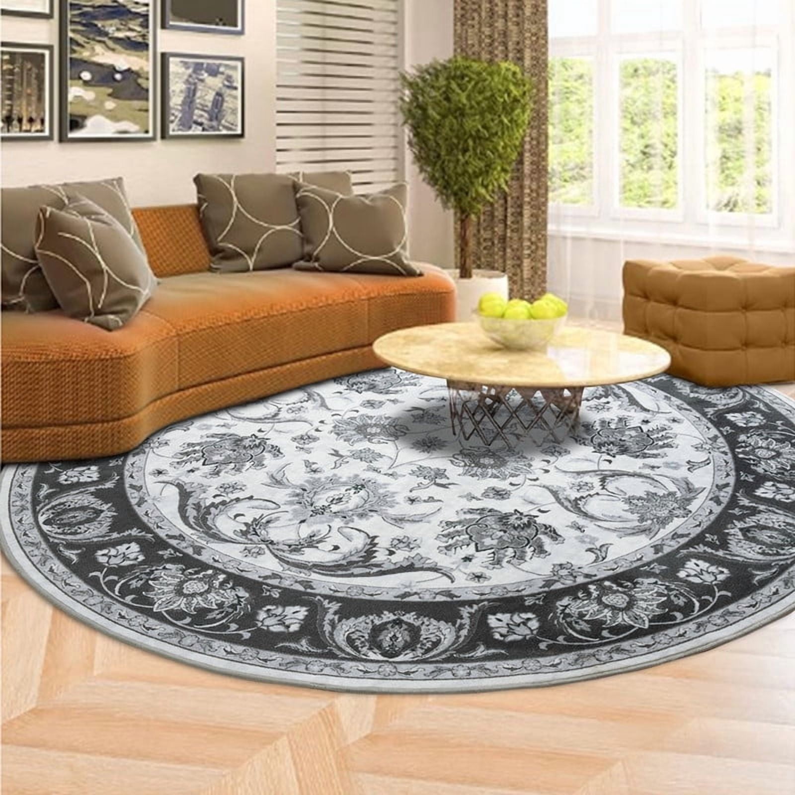 Jamfeel Round Rugs Vintage Print Low Pile Non-slip Circle Carpet Indoor Area Rug for Living Room Nursery, 6ft, Black and White