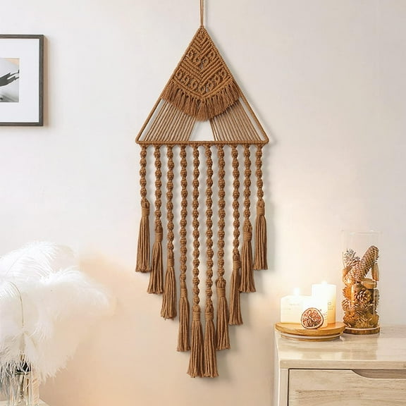 CATPAN Macrame Woven Wall Hanging Dream Catcher Triangle Tassel Geometric Art Boho Backdrop Bohemian Home Decor Wall Art Beautiful Apartment Dorm Room Door Decoration(Brown)