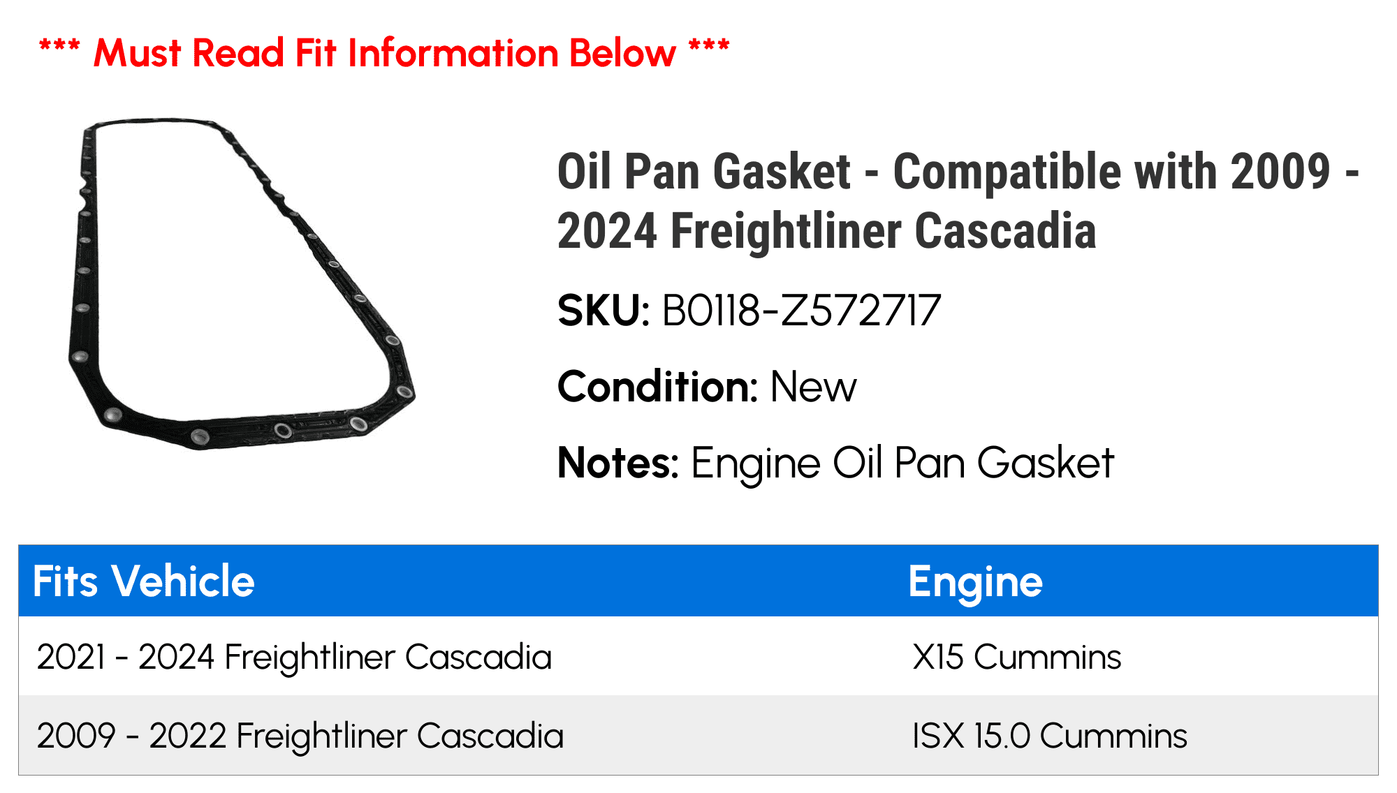 Oil Pan Gasket - Compatible with 2009 - 2024 Freightliner Cascadia - Replacement