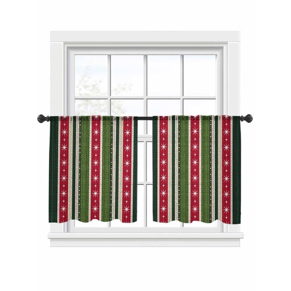 Red Green Stripes Sheer Curtains 45 inches Long, Stars Winter Christmas Light Filtering Sheer Window Curtains Rod Pocket Voile Drapes for Bedroom Living Room, 2 Panels 52"W x 45"L