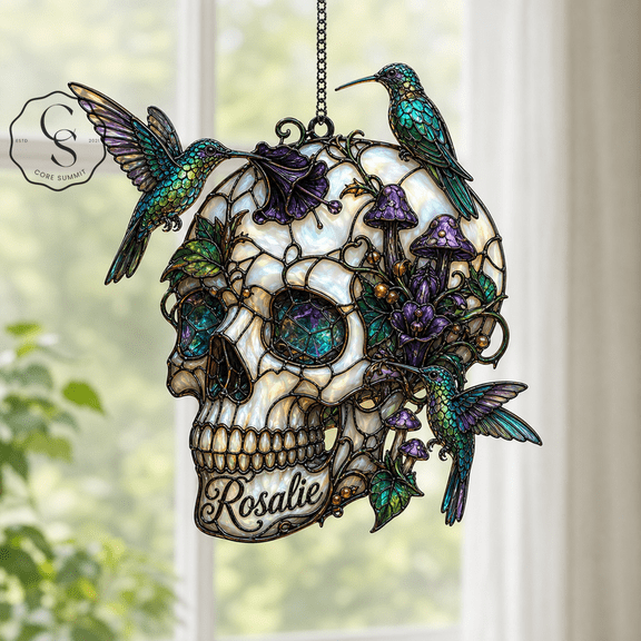 Acrylic Suncatcher Poison Garden Hummingbird Skull Acrylic Window Hanging for Gothic Halloween Decor
