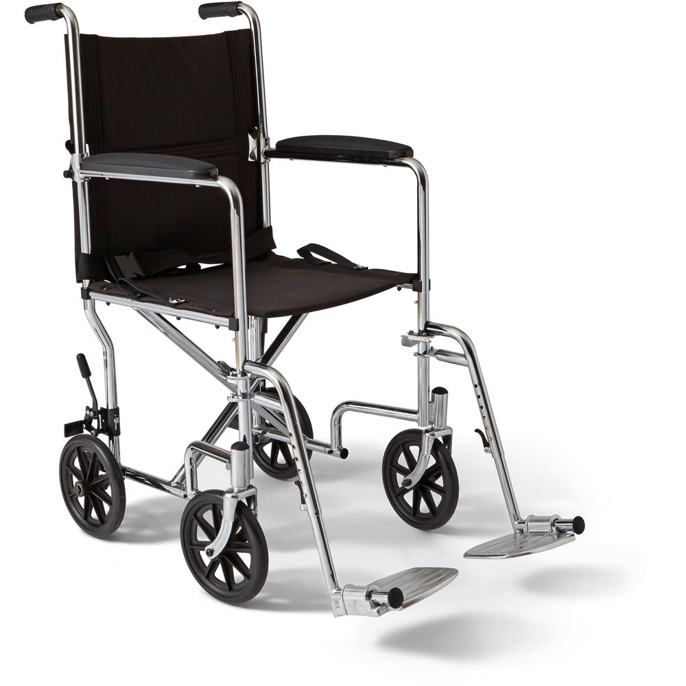Medline Steel Transport Chair, 19" Wide Seat, Permanent FullLength Arms, Swing Away Footrests