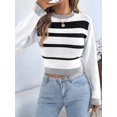 thumbnail image 4 of Women Casual Color Block Stripe Ribbed Crew Neck Slim Cropped Long Sleeve Knit Pullover Sweater White S, 4 of 10