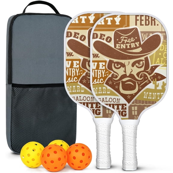 Pickleball Paddles Set Of 2, Fiberglass Surface, West & Cowboy Print, 4 Balls & Bag