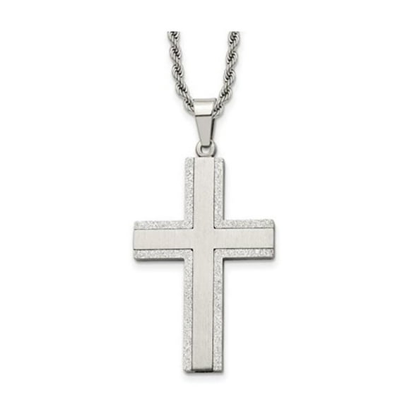 Mens Stainless Steel Polished Laser-Cut Cross Pendant Necklace with Chain for Men