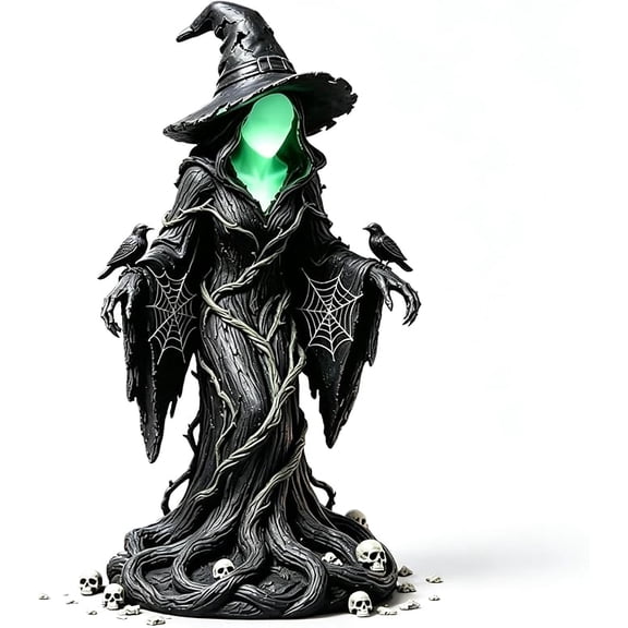 Vintage Gothic Witch Statue Halloween Decor, Green Glowing Faceless Witch Resin Ornament with Pumpkin & Skeleton Details, Perfect Holiday Gift for Halloween Party Table Display