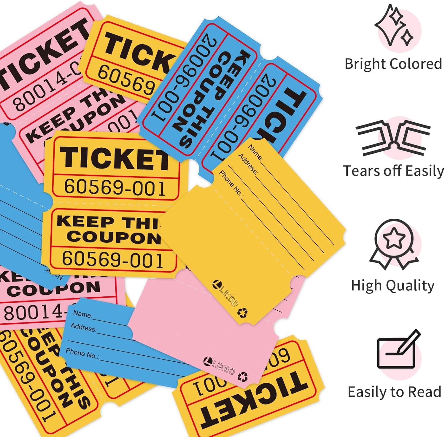 3000 Pcs Raffle Tickets - 3 Color Set of 1000 Pcs 2" x 2" Double Roll Consecutively Numbered 50/50 Tickets for Events& Door Prize- Blue/Yellow/Pink